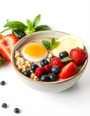 Bowl of oatmeal with fresh berries and egg on white background