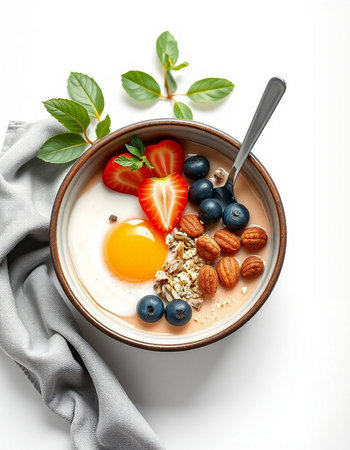 Healthy breakfast bowl with oatmeal, berries and egg on white background