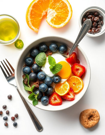 Healthy breakfast. Oatmeal with yogurt, berries and fruits on white backgroundの写真素材