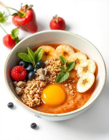 Bowl of oatmeal porridge with banana, blueberries and strawberries