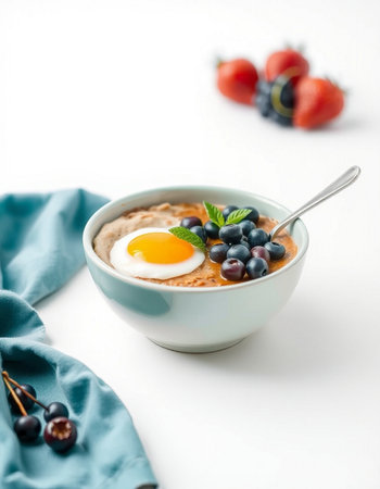 Healthy breakfast. Oatmeal porridge with blueberries, strawberries and egg on white backgroundの写真素材