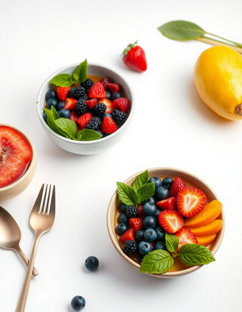 Healthy breakfast with fresh berries and fruits on a white background.の写真素材