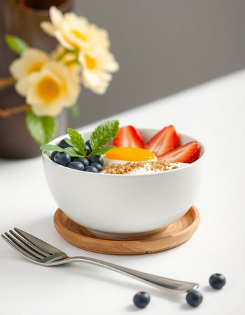 Healthy breakfast - oatmeal with fresh berries on a white background