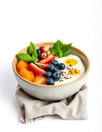 Healthy breakfast bowl with yogurt, berries and fruits isolated on white