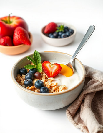 Healthy breakfast with muesli and fresh berries on white background