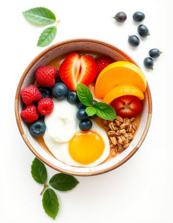 Healthy breakfast bowl with yogurt, berries and eggs. Top view.
