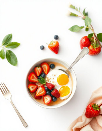 Yogurt with fresh strawberries and blueberries on a white background.の写真素材