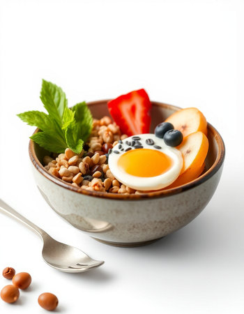 Healthy breakfast with oatmeal, berries and egg on a white background