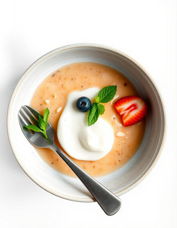 Panna cotta with strawberries, mint and sour cream on white background