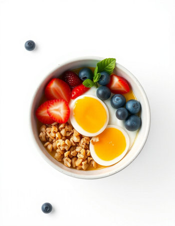 Healthy breakfast with oatmeal, berries and eggs on white background