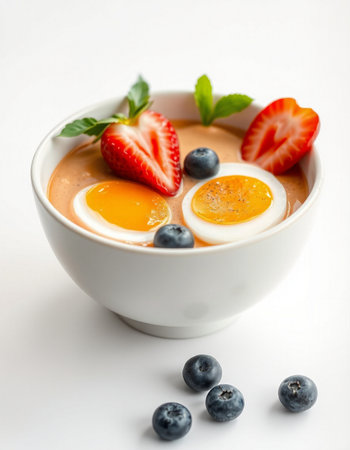 bowl of yogurt with strawberries and blueberries on white backgroundの写真素材