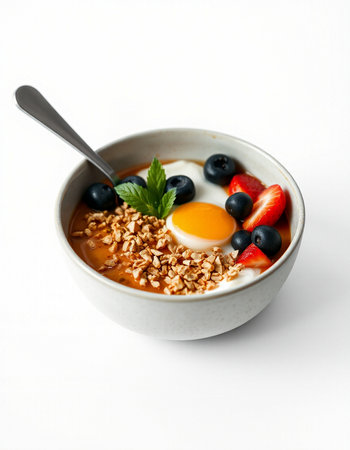 Healthy breakfast with granola, yogurt and berries on white background