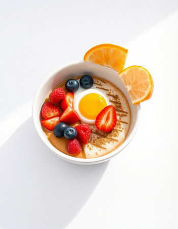 Healthy breakfast with oatmeal, fresh berries and egg on white backgroundの写真素材
