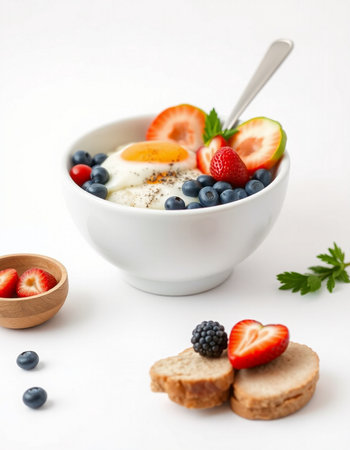 Healthy breakfast with yoghurt, fresh berries and bread on white backgroundの写真素材