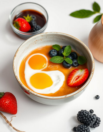Breakfast with omelet, strawberries and blueberries on white background