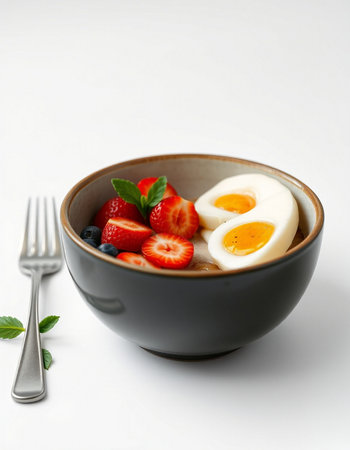 Healthy breakfast with fresh strawberries and egg in a bowl on white background