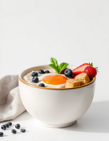 Bowl of oatmeal porridge with blueberries, strawberries and egg on white backgroundの写真素材