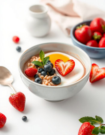 yogurt with fresh berries on a white background, healthy breakfastの写真素材