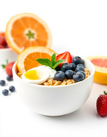 Healthy breakfast with muesli and fruits isolated on white backgroundの写真素材