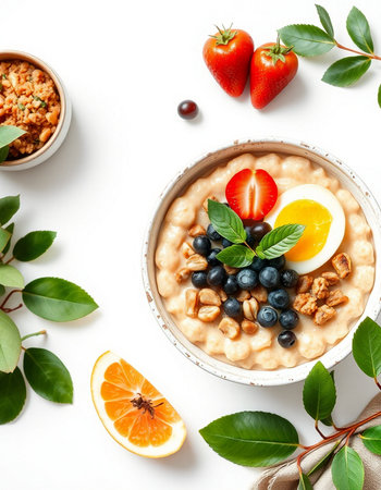 Oatmeal porridge with berries, nuts and egg on a white background, top view