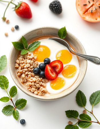 Healthy breakfast with oatmeal, berries and milk on white backgroundの写真素材
