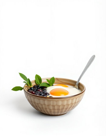 Fried eggs with blueberries in a bowl on a white background