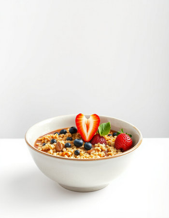 Bowl of oatmeal with fresh berries and mint on white backgroundの写真素材