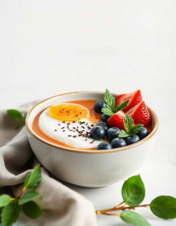 yogurt with strawberries and blueberries in a bowl on a white background