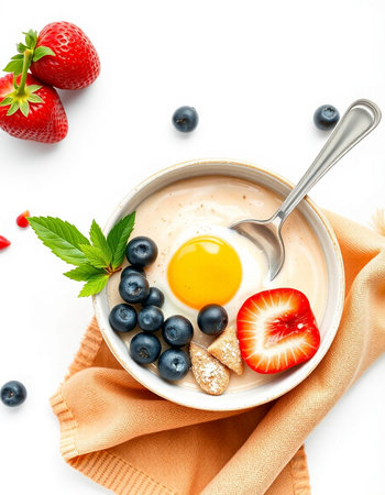 Healthy breakfast with oatmeal, blueberries and strawberriesの写真素材