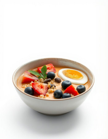 bowl of oatmeal porridge with fresh berries and egg on white backgroundの写真素材