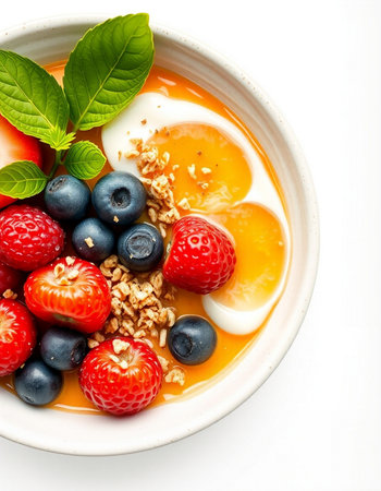 Yogurt with fresh berries and granola on white background.の写真素材