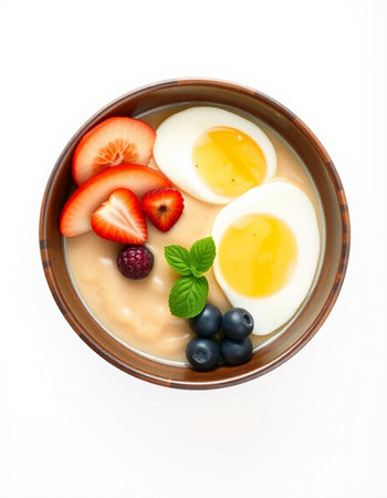 Boiled eggs with strawberry and blueberry in a bowl