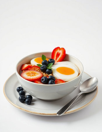 Healthy breakfast with yogurt, berries and egg on a white background
