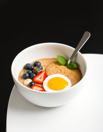 A bowl of oatmeal with berries and egg on a black backgroundの写真素材