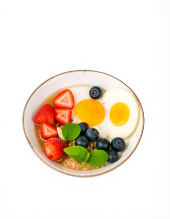 Breakfast with oatmeal, berries and egg isolated on white backgroundの写真素材