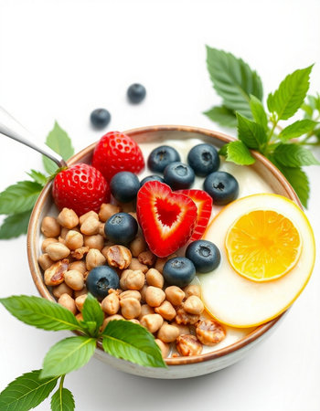 Healthy breakfast with oatmeal, berries and nuts on a white background