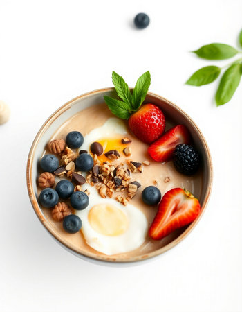 Oatmeal porridge with yogurt, strawberries, blueberries and nuts on white background