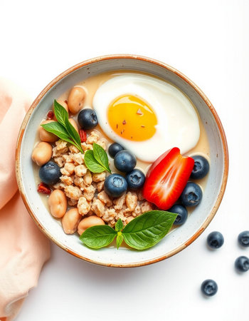 Breakfast with oatmeal, berries and fried egg on white backgroundの写真素材