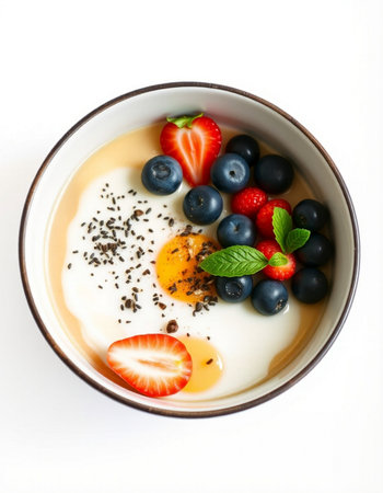 Yogurt with fresh berries in a bowl on a white background