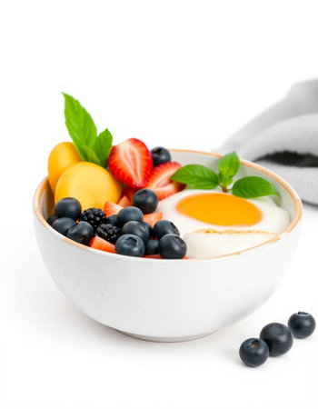 Yogurt with fresh berries in bowl on white backgroundの写真素材