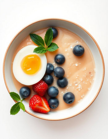 Healthy breakfast bowl with oatmeal, strawberries, blueberries and egg yolk