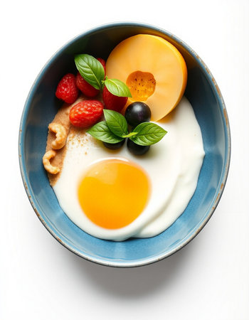 Healthy breakfast with omelet, fruits and berries in bowlの写真素材