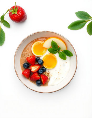 Healthy breakfast. Oat porridge with strawberries, blueberriescots and honey isolated on white...
