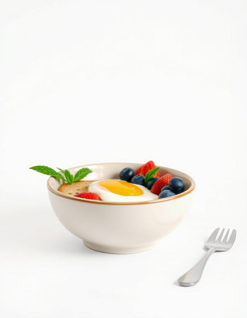 Fried eggs with fresh berries in a bowl on a white background