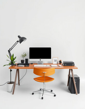 Interior of a modern office with a wooden desk and a computer. 3d rendering