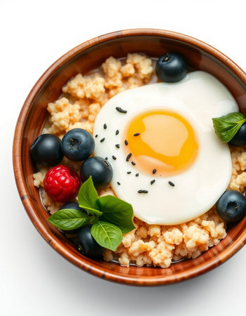 Bowl of oatmeal porridge with egg and berries on white backgroundの写真素材