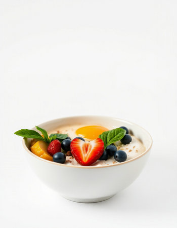 Oatmeal porridge with fresh berries on white background. Healthy breakfast.の写真素材