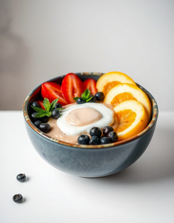 Healthy breakfast bowl with yogurt, fruits and berries, selective focusの写真素材