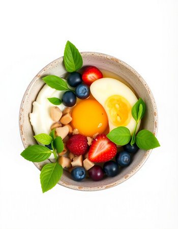 Healthy breakfast bowl with eggs, berries and nuts on white backgroundの写真素材