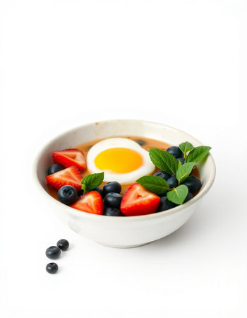 Strawberry and egg in a bowl with mint on white background